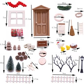 nabeta deco Christmas Dollhouse Miniature Decoration Dolls Accessories Furniture Natural Wooden Gnome Door Complete Set Wooden Tree Chick Gate Gate Mini Christmas Wreath