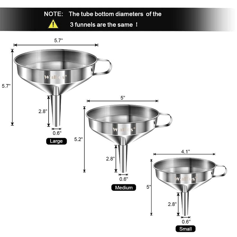 Stainless Steel Funnel, Walfos 3 Pack Kitchen Funnel with 2