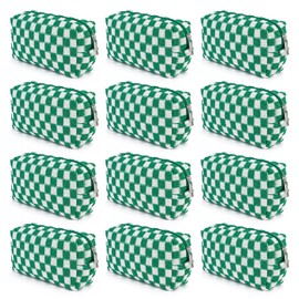 SOIDRAM 12PCS Checkered Makeup Bag Preppy Cosmetic Bag Bulk Green Makeup Pouch Personalize Travel Toiletry Bag Organizer Cute DIY Makeup Brushes Storage Bag for Women