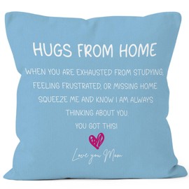 MONALET Blue Hugs from Home Dorm Throw Pillow Covers 18x18, Back to School Decor Pillow Cases Gifts for Classroom Teens Dorm Room Bedroom, Freshman College Square Pillowcases for Couch Bed Sofa