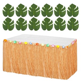 Hawaii Party Table Skirts 276 x 75 cm Grass Table Skirt and 12 Pieces Artificial Palm Leaves Table Ornaments Hawaiian Table Decoration for Beach Party Tropical Summer Party Luao Party Pool Party Aloha