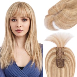 Hairro Human Hair Toppers For Women Wispy Air Bangs 3D Cover Remy Top Hair Pieces Clip On Wiglet Hair Extensions Balayage Handmade Toupee Hairpiece 10 Inch 36g #12P613 Golden Brown Mix Bleach Blonde