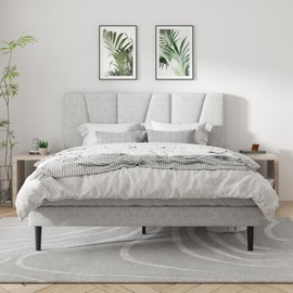 CXVX Full Size Platform Bed Frame with Geometric Upholstered Headboard, Noise Free, No Box Spring Needed, Easy Assembly, Light Grey Linen