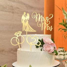 4 piezas de decoración de boda para tartas de señor y señora, acrílico dorado, letrero de novia y novio, decoración de tartas de compromiso, despedida de soltera, decoración de fiesta de aniversario