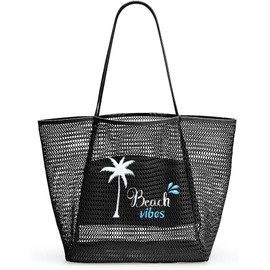 ukia Mesh Beach Tote, Large Capacity Beach Bags for Women Foldable Beach Tote Bag with Zipper Pocket (Black)