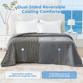 bedsmile Seersucker Cooling Comforter Queen Size, Q-Max 0.45 Reversible Cooling Blanket for Hot Sleepers, Breathable Lightweight Silk Smooth Summer Bedding, Quilted Ice Blanket, Dark Gray