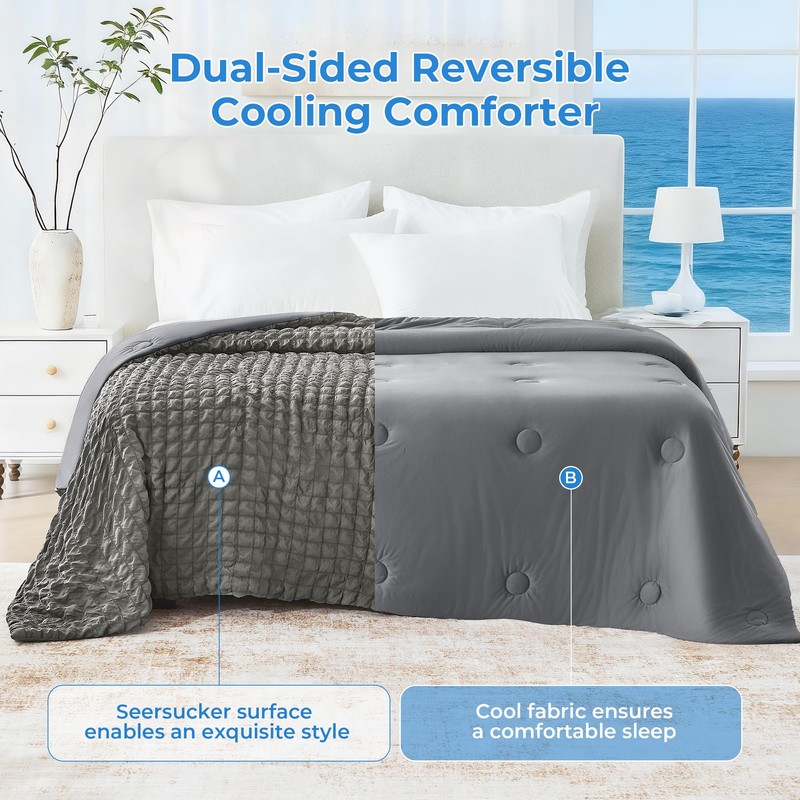 bedsmile Seersucker Cooling Comforter Queen Size, Q-Max 0.45 Reversible Cooling