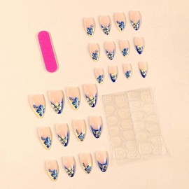 Medium Almond Press On Nails French Tip Fake Nails With Blue Yellow Flower Design Spring Press Ons Full Cover Glue On Nails Artificial Acrylic Glossy Stick On Nails For Women 24pcs