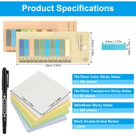 Oaklynet 800 Sheets Sticky Notes and 1 Black Marker, Sticky Notes 76 x 76 mm, Sticky Notes Small, Colourful Notes, Book Tabs, Sticky Marker for Office, School, Office, Home
