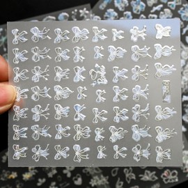 Lifextol Bow Nail Stickers Charms for Fake Nail Design, 6 Sheets Flower Stickers Decals for Press Nails Decor, White Fingernail Art Sticker for Nails Art Supplies, Self-Adhesive Gel Sticker