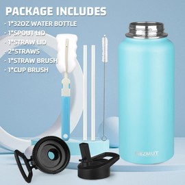 MEZMUT Insulated Water Bottle with Straw&2 Lids 32oz Metal Water Bottle Leakproof Travel Stainless Steel Water Bottles Reusable Double Wall Gym Sports Thermal Flask for Camping Hiking, Blue