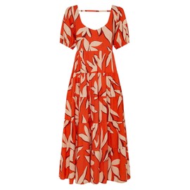 PRETTYGARDEN Womens Dresses Summer 2024 Puff Sleeve Plus Size Maxi Dress for Women Beach Vacation Flowy Long Sun Dress (Orange White Flower,X-Large)