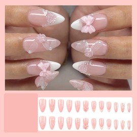 24 Pcs Pink Press on Nails Short Almond White French Fake Nails with 3D Pearl Bow Butterfly Flowers Design Nude False Nails Full Cover Acrylic Nail Art Tips Cute Glue on Nails for Women Manicure