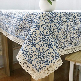 Superwinger Classic Linen Cotton Blue Flower Printed Tablecloth Dustproof Rectangular Table Cloth Wedding Party Hotel Table Cover,Assorted Size
