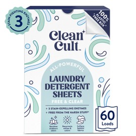Cleancult Laundry Detergent Sheets - Resealable Box - 3 Stain Fighting Enzymes - Fragrance Free - 60 Loads - Free of Harsh Chemicals - No Mess - No Plastic Waste
