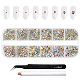 Beadsland Rhinestones for Makeup,8 Sizes 2500pcs Crystal AB Flatback Rhinestones Eye Gems for Nails Crafts with Tweezers and Wax Pencil,Crystal AB,SS4-SS30