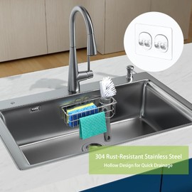 3-In-1 Sponge Holder for Kitchen Sink, with Detachable Rod for Hanging Cloths, Kitchen Sink Caddy Organizer Rack, Dish Cloths, Sponge, Brush, Scrubber, Soap Tray, 304 Stainless Steel