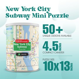 Geotoys New York City Subway Mini Puzzle - 100 Piece Puzzles for Kids and Adults in Portable Can, 13" x 10" Educational Travel Puzzle for Ages 7 and Up - Mini Puzzles to Learn & Explore Geography