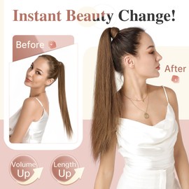 Elailite Ponytail Extension Human Hair 100% Real Remy Hair - Wrap Around Ponytail Clip in Hair Extensions Long Straight 18 Inches - #6 Light Brown