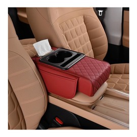 HZEL Car Center Console Cover, Leather Vehicle Armrest Cushion with Storage Bags, Cup Holder ＆ Tissue Box, Waterproof Auto Interior Arm Rest Seat Box Pad, Universal Fit (Wine Red)