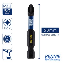 5 x Rennie Tools 50mm Long PZ2 Impact Screwdriver Driver Bits Set. Heavy Duty PoziDriv POZI No.2 Magnetic Screwdriver Bit Set. PZ2 Impact Driver Bits Pozidrive Screw Accessories. Black Oxide Coated…