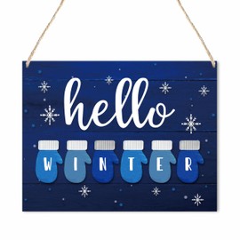 Christmas Hanging Wooden Sign For Wall - Hello Winter Snowy Gloves Hanger With A Rope - Welcome Decorative Plaque For Home Porch Garden - Indoor Outdoor Wall Hanging Decoration - B02