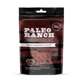 PALEO RANCH Uncured Bacon Jerky, Sweet BBQ, No Added Hormones, No Preservatives, 1.5-oz. Pouches, (Pack of 8)