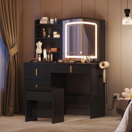 YITAHOME Vanity Desk with Mirror & Power Outlet, Fluted Vanity Table Set with Hidden Jewelry Storage, Big Makeup Desk with 4 Drawers, Dressing Table with Cushion Stool, 3 Lighting Color Modes, Black