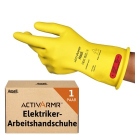 Ansell ActivArmr Electrician's Protective Gloves, Electrical Protection Class 0 (1000V), Electrically Insulating Rubber Gloves, Professional Work Gloves 28 cm, Yellow, Size L (1 Pair)