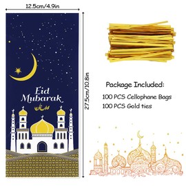 2023 Eid Mubarak Goodie Bags, 100 Pieces Muslim Castle Moon Star Pattern Ramadan Treat Bags Cellophane Bags Goody Favor Bags with Gold Twist Ties for Muslim Islamic Eid Iftar Diwali Party Kids Gifts