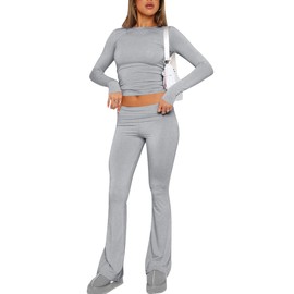 Doweha Women's Cotton Lounge Flared Legging Set Two Piece Outfits Basic Long Sleeve Crop Tops Low Rise Fold Over Yoga SweatPants Grey XL