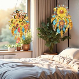Saillong 2 Pcs Dream Catcher Diamond Art Painting Kits for Adults DIY Summer Butterfly Flower Suncatcher Hanging Diamond Painting Art Wind Chime Hanging for Home Window Door Decor (Sunflower)