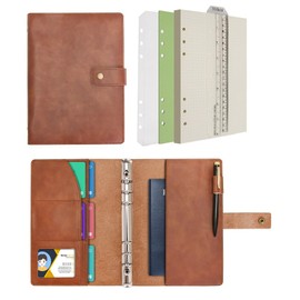 Wonderpool Leather Diary Refillable Notebook Spiral Journal Binder Portfolio - A5 Dot Grid Paper & Inner Pockets for Travel Work and Personal Organizer (Coffee, A5)