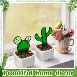 Sunnychicc 4 Set of Mini Cactus Plant Stained Glass with Pots, Small Cacti Suncatcher Succulent Cactus Glass Decor Plant Lover Gifts for Mom Grandma Teacher Desk Windowsill Shelf Christmas Decor