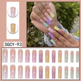 Press on Nails Long Coffin Shaped Glossy Full Cover Acrylic Square Long False Nails with Designs Artificial Extra Long Coffin Fake Nails with Charm Glue Stick on Fingernails for Women Girls(SGCY93)