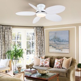 Tropical Palm Leaf Ceiling Fans with Lights, Ceiling Fan with Light and Remote 3CCT Dimmable Light, 5 Blades, Reversible 6 Speeds Flush Mount Ceiling Fan Coastal Indoor 45 inch White
