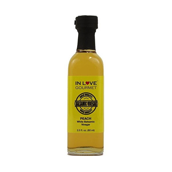 In Love Gourmet Peach White Balsamic Vinegar 60ML/2oz (Sample Size) Great on Red Meats and Game Meats, Drizzle on Veggie and Fruit Salads.