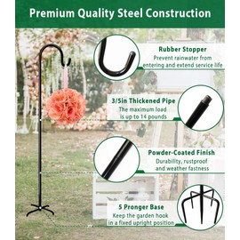 Artibear Adjustable Outdoor Shepherd Hook Stand with 5 Prong Base, 60 Inches Tall 3/5 in Thick, Shiny Black (2 Packs)