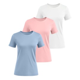 Huukeay 3 Pack Women's Cotton T Shirts Casual Short Sleeve Tunic Tops Crewneck Summer Plain Basic Loose Fit Tee(Light Pink, Macaron Blue, White,Medium)