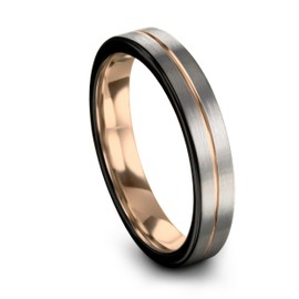Midnight Rose Collection Tungsten Wedding Band Ring 4mm for Men Women 18k Rose Gold Grey Plated Flat Cut Black Brushed Polished Size 6.5