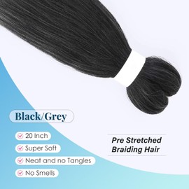 TESS 50 cm Pre Stretched Braiding Hair, Black/Grey, Jumbo Braid Synthetic Hair for Braiding, 1 Piece Braids Extensions, 80 g/Piece Hair Extension (Black/Grey, 1 Piece)