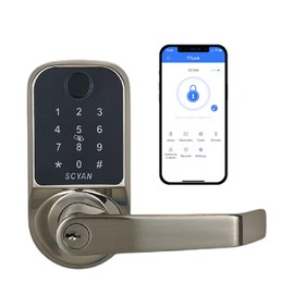 SCYAN Smart Door Lock, Scyan X1, 5 in 1 Fingerprint Biometric Door Lock, Touchscreen Keypad Door Lock, Key Fob, Auto Locking, for Office, Home, Airbnb, Rental House (Brush Nickel)