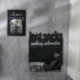 EVA murmure Lost Socks Rustic Wooden Laundry Sign Wall Decor With Attached Basket And Mom Tip Jar Wooden Sign With Bottle - Laundry Room Organization, Housewarming Gift Laundry Room Decor - black