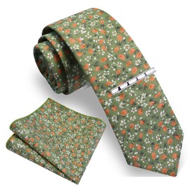 GUSLESON Mens Cotton Olive Ties for Wedding Orange Slim Floral Tie Skinny Necktie and Pocket Square Clip Sets (0941-27)