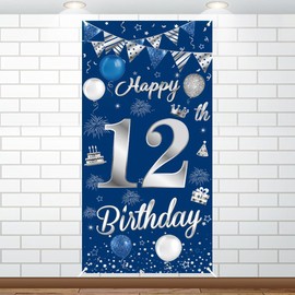 12th Birthday Decorations for Boys Girls Happy 12th Birthday Banner Large Size Blue Silver Birthday Backdrop Banner for 12 Years Old Anniversary Birthday Party Photo Prop Booth Background Deco