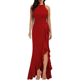 WOOSEA Women's High Neck Split Bodycon Mermaid Evening Cocktail Long Dress Red