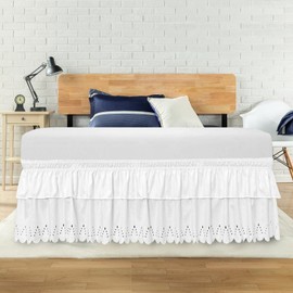 Falda de cama queen, falda de cama de doble capa con volantes y ojales, elástico envolvente, tamaño Queen con estilo fruncido y detalles bordados, longitud de caída de 14 pulgadas (blanco)
