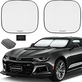 Autoamerics 2-Piece Windshield Sun Shade - Foldable Car Front Window Sunshade for Most Compact Sports Cars - Auto Sun Blocker Visor Protector Blocks 99% UV Rays and Keeps Your Vehicle Cool - Small Fit