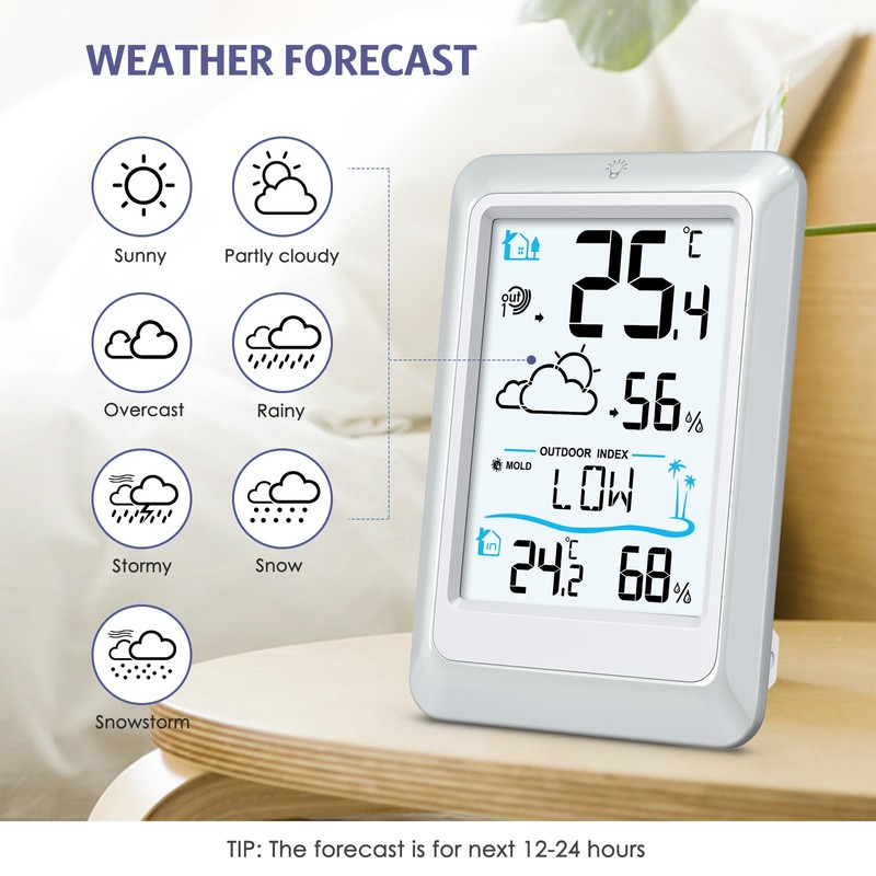 OQIMAX Indoor Outdoor Thermometer Digital Weather Station Temperature Hygrometer Indoor