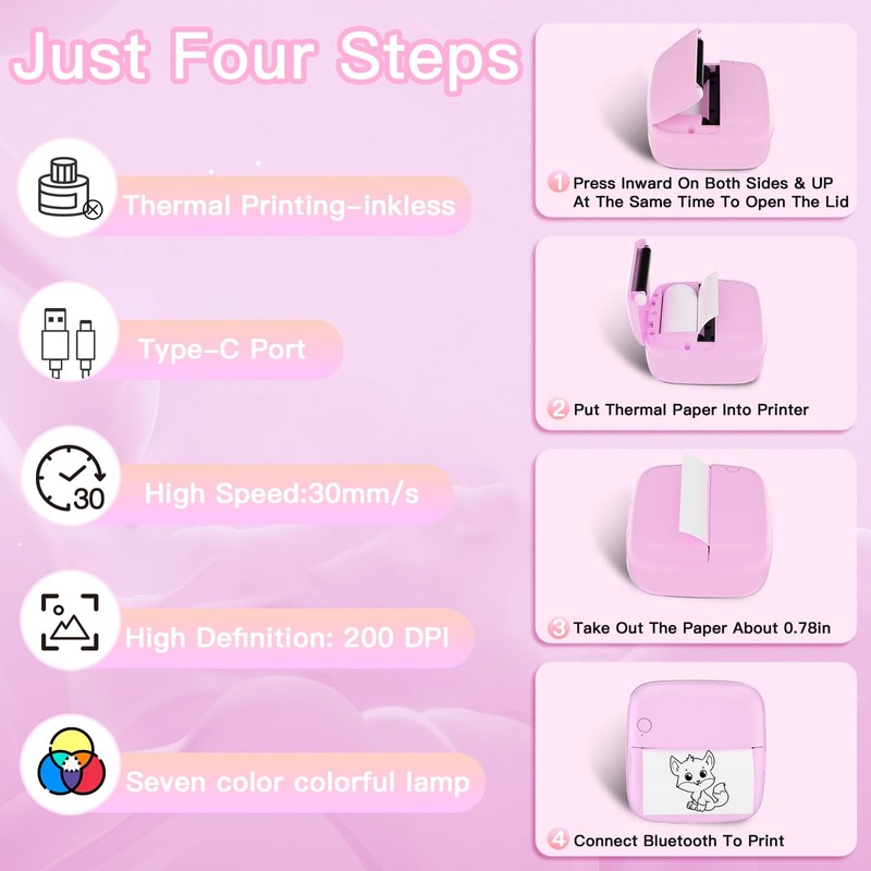 Lebt Mini Printer Sticker Printer Print Pod with 6 Rolls